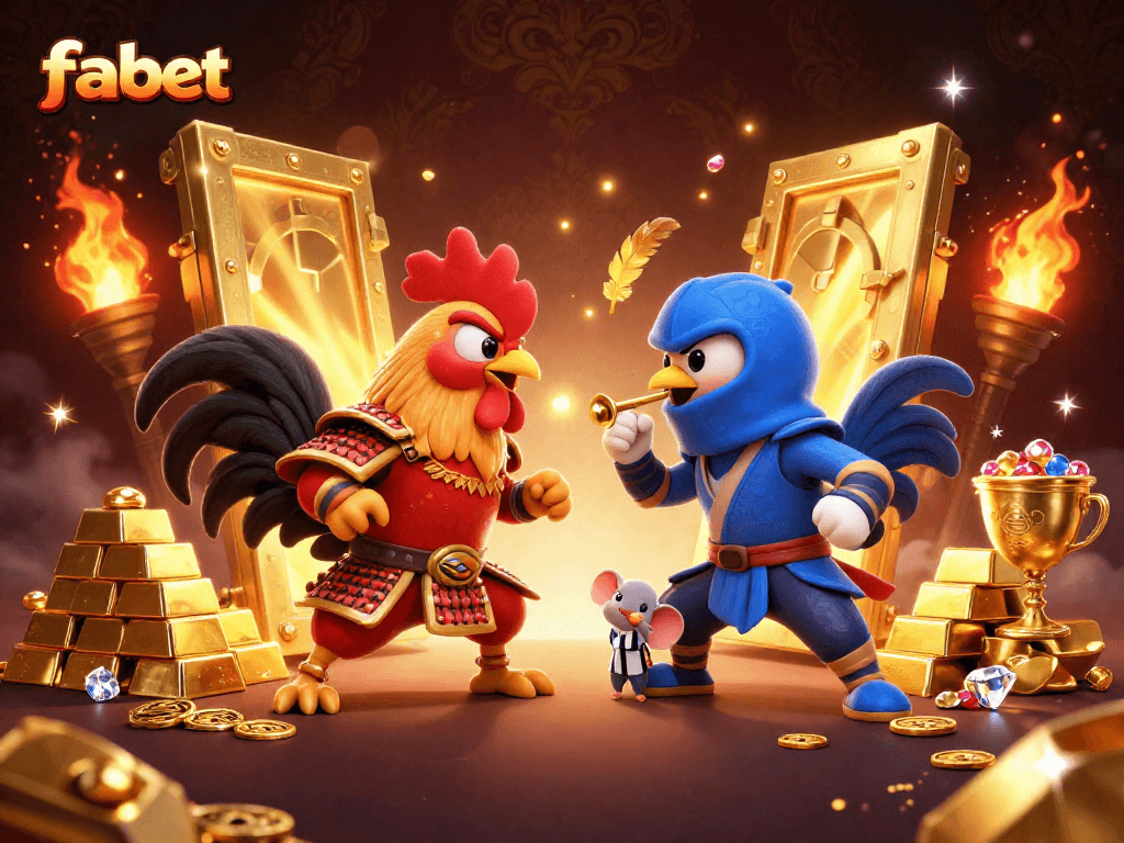 Experience thrilling battles as fabet roosters clash with gold treasures and dynamic elements in a lively casino scene.