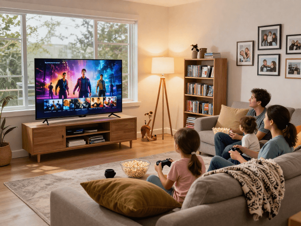 Family enjoying movies on a vibrant Iron TV in a cozy living room, capturing togetherness.