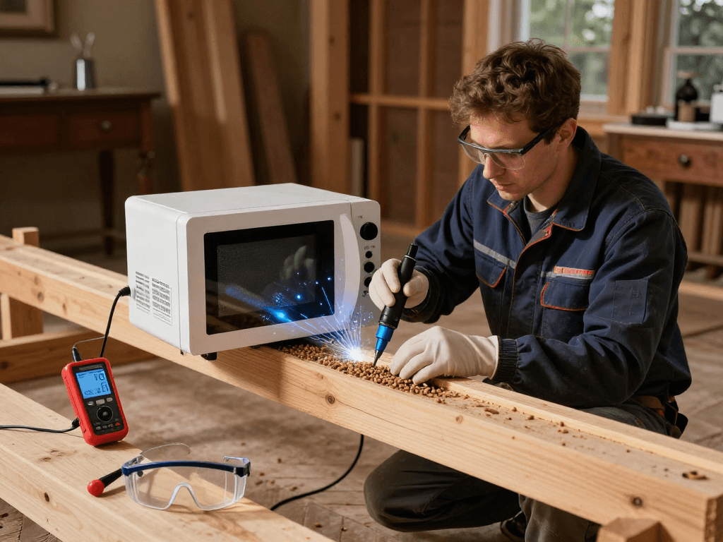Traitement de bois avec Shashel® pour éliminer les larves de vers à bois dans une maison historique.