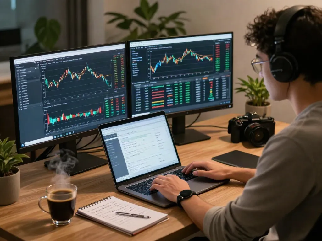 Couponeau : Trader dans un bureau confortable analysant des graphiques de marché avec des signaux de trading.