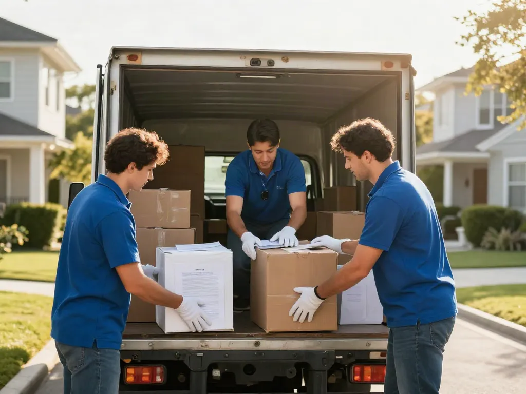 Déménagement Lausanne : Équipe professionnelle emballant soigneusement des affaires dans un camion.