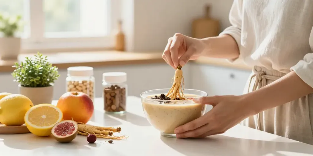 Personne préparant un smoothie bowl avec des suppléments naturels Natura Force dans une cuisine lumineuse.