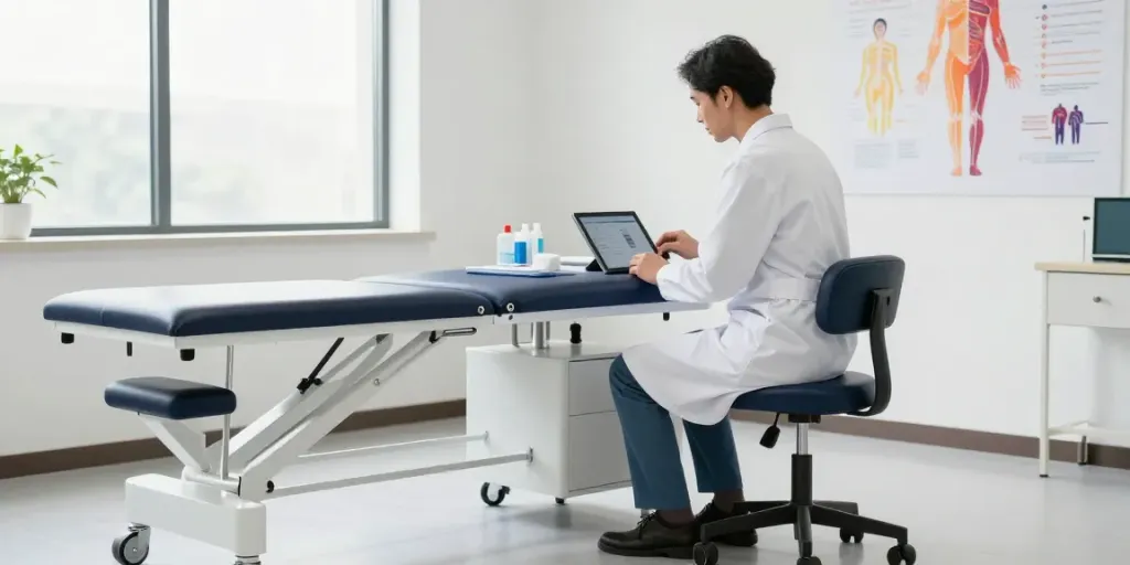 Tabouret médical réglable en hauteur avec roulettes utilisé par un praticien dans un cabinet médical moderne.