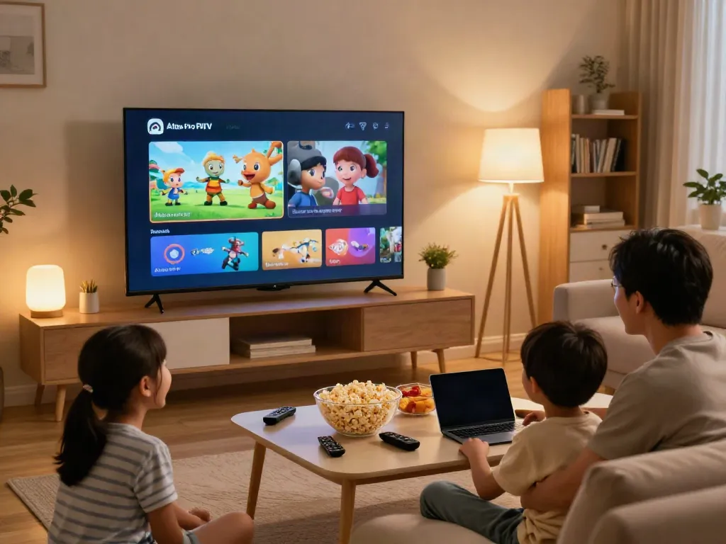 Famille utilisant l'application atlas pro ontv pour regarder la télévision dans un salon moderne.