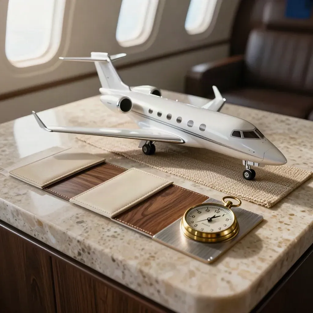 Tableau de conseil aviation avec maquette de jet, échantillons cabine et disque de route en laiton.