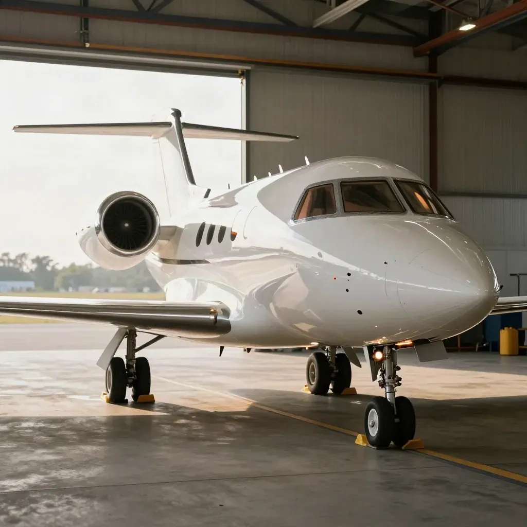 Jet d’affaires en maintenance dans un hangar, chocks en place et lumières de service basses.