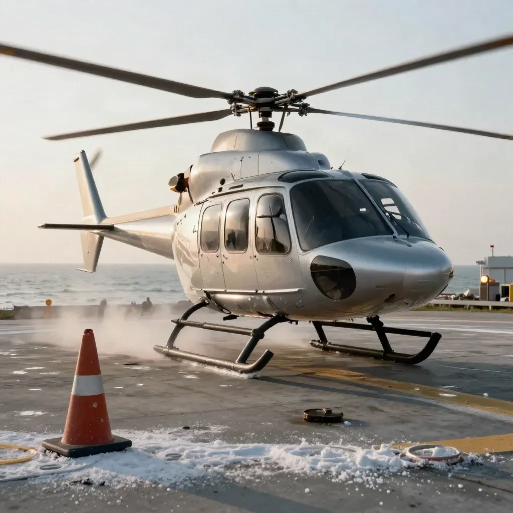Hélicoptère VIP argenté se posant sur un hélipad côtier, embruns et brume soulevés par les rotors.