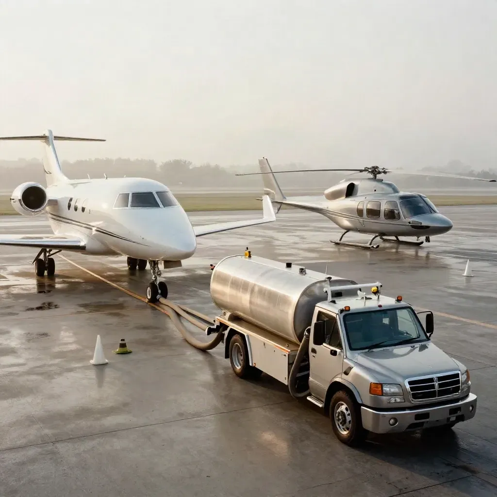 Jet privé, véhicule de carburant et hélicoptère sur tarmac brumeux au lever du jour.