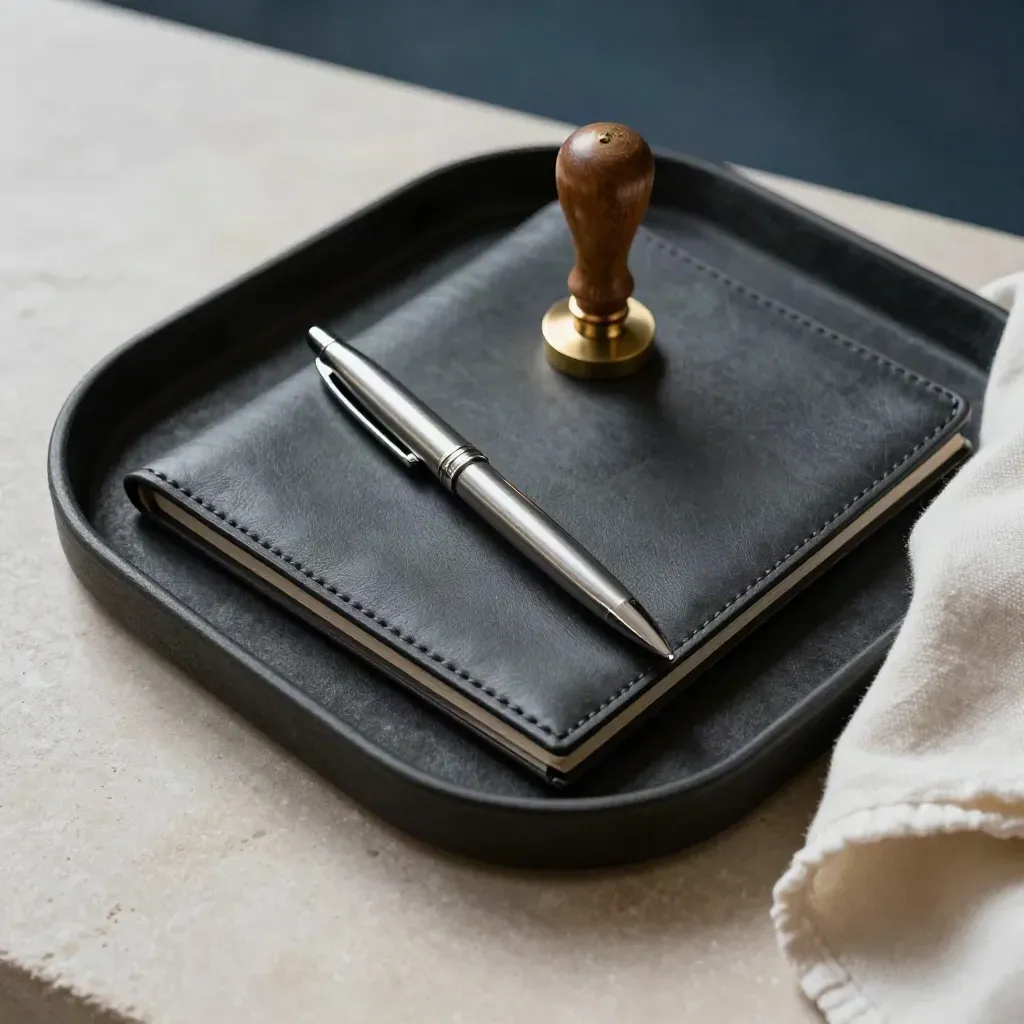 Plateau en velours noir avec stylo argent, folio de cuir scellé et sceau en laiton.