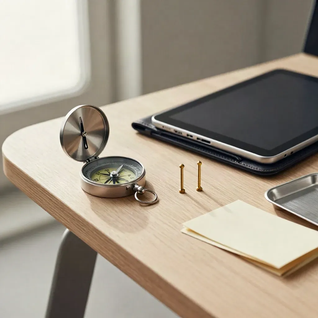 Boussole métallique, tablette en cuir et repères de route sur un bureau clair d’aviation.