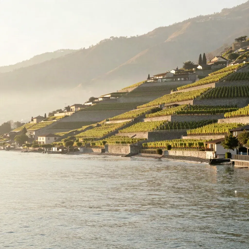 Vignobles en terrasses au bord du Léman, brume dorée et horizon de Suisse romande.