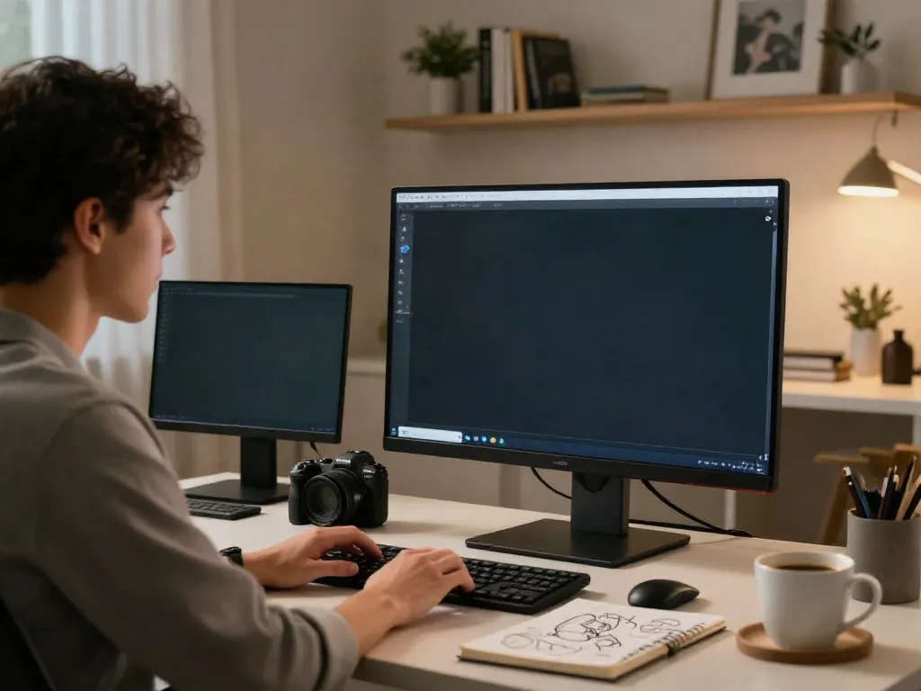 User engaging in NSFW AI interaction in a modern home office.