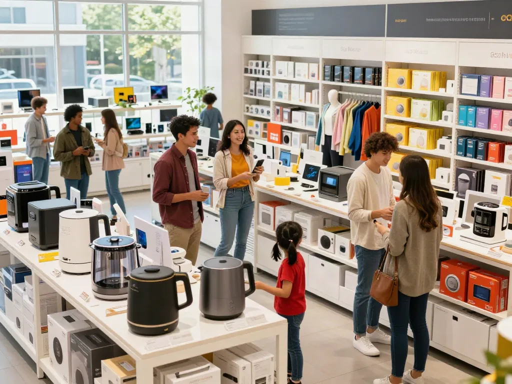 Shoppers exploring diverse produits in a colorful retail environment.