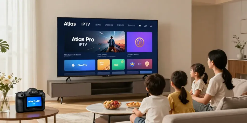 Profitez des chaînes en direct avec Atlas Pro IPTV dans un salon moderne et accueillant.
